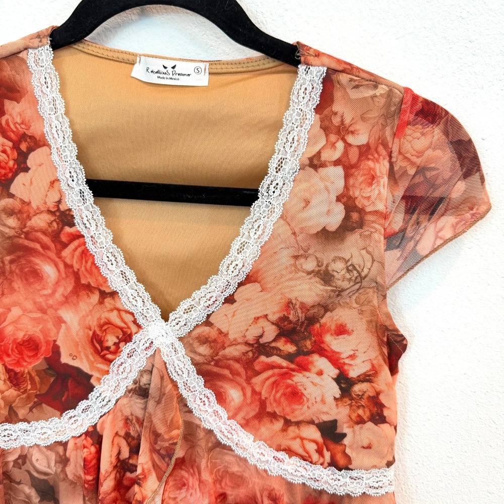Rebellious Dreamer Floral Babydoll Top Size S Mesh Sheer Y2K Romantic Fairy - Picture 3 of 6